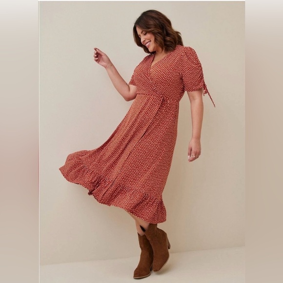 torrid Dresses & Skirts - Torrid - Studio Knit Midi Cross Dress, Oxide Brown with White Polka Dots, Size00
